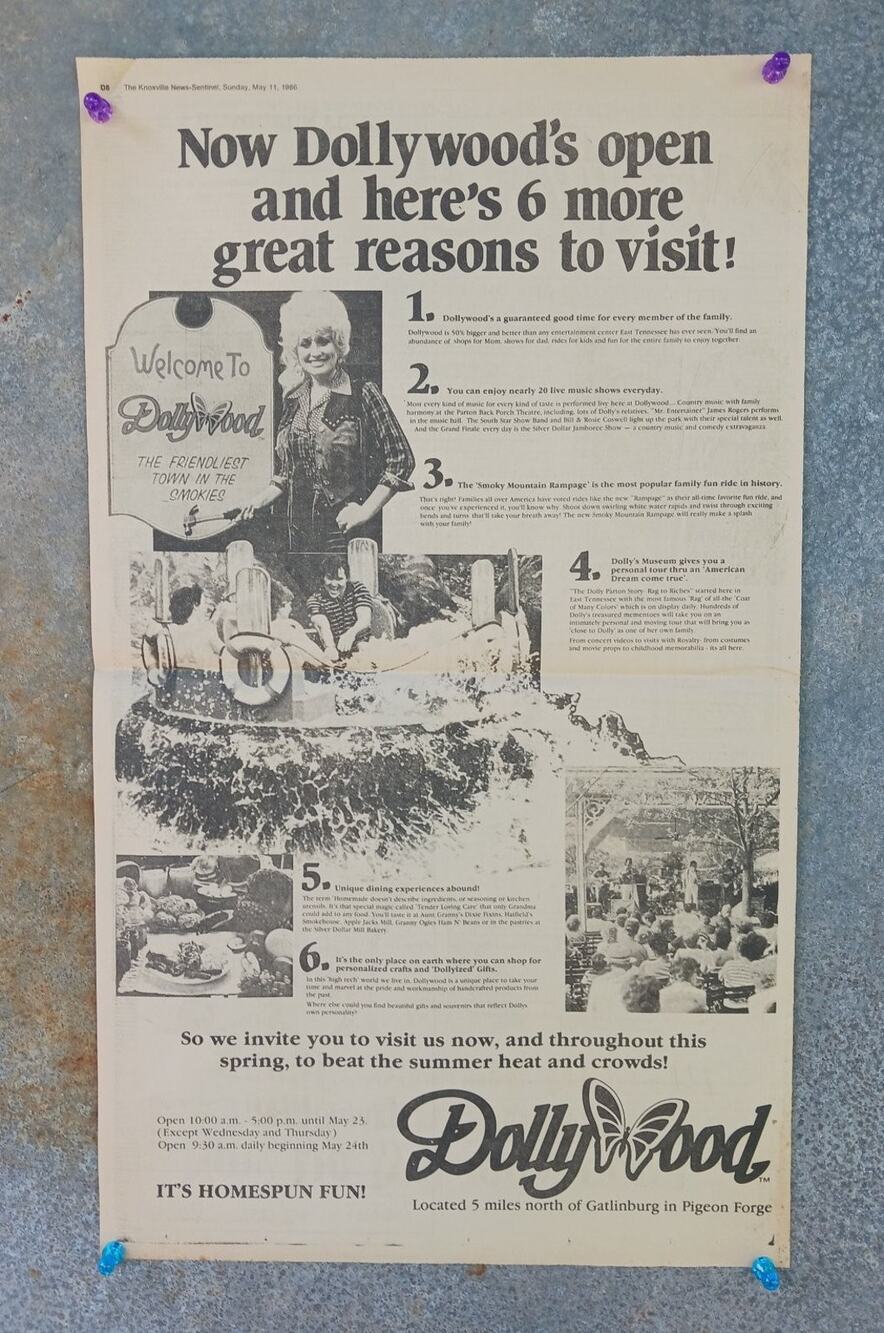 1986 Dollywood Grand Opening Newspaper Ad Dolly Parton 6 Reason To Visit VTG